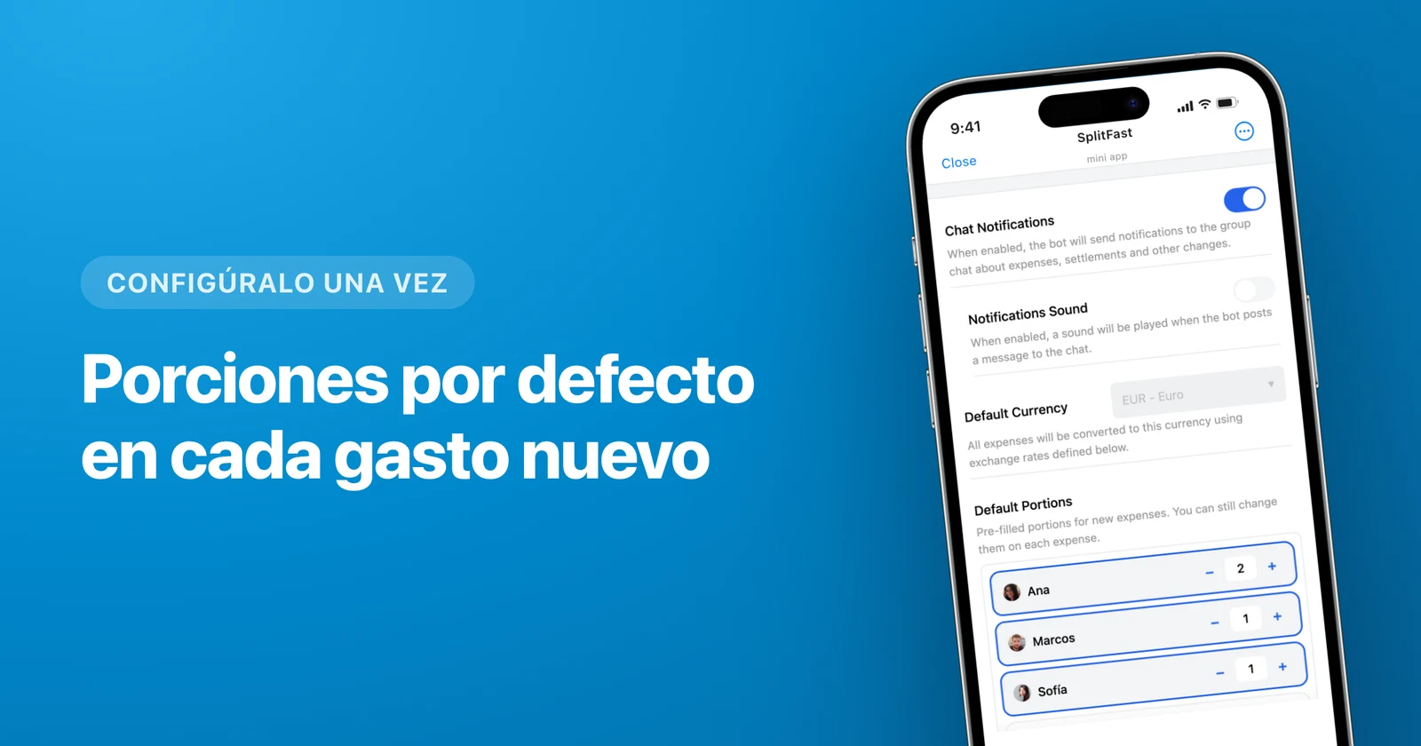 Sección 'Default Portions' en los ajustes del grupo de SplitFast con controles por miembro