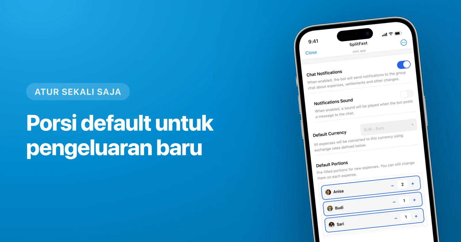 Bagian Default Portions di pengaturan grup SplitFast dengan stepper per anggota