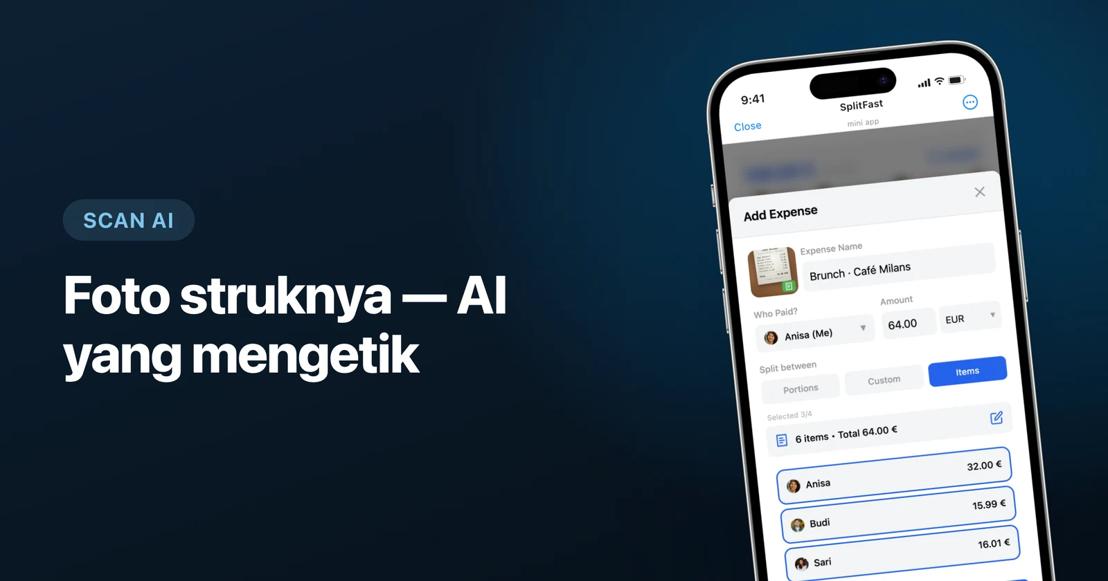 Scan struk AI di SplitFast: foto struk diubah menjadi pengeluaran per item di Telegram