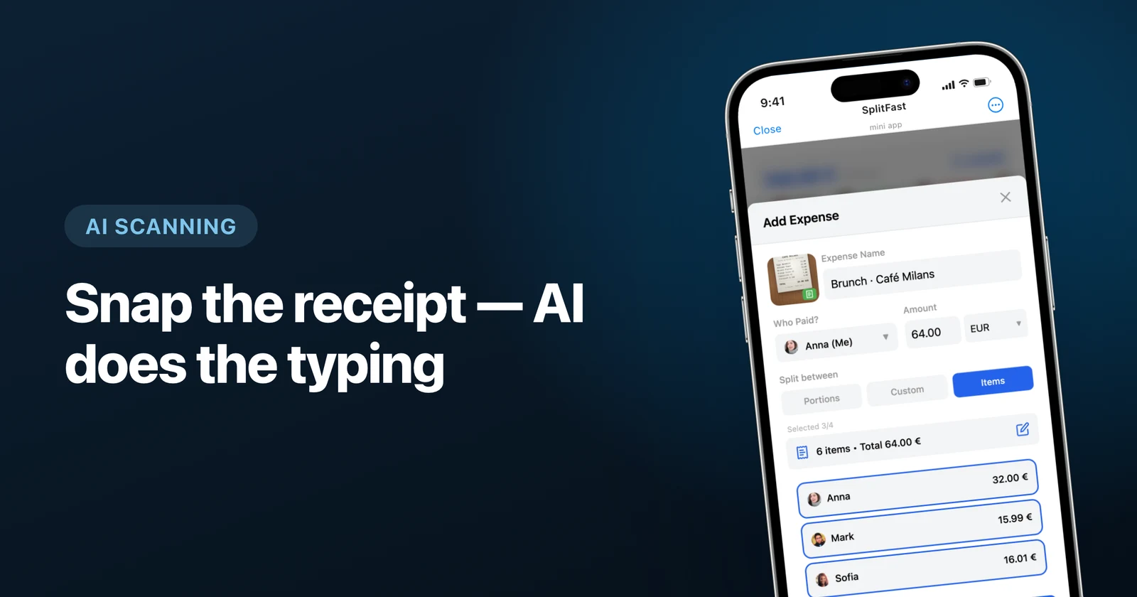AI receipt scanning in SplitFast: photo of a receipt converted into itemized expenses in Telegram