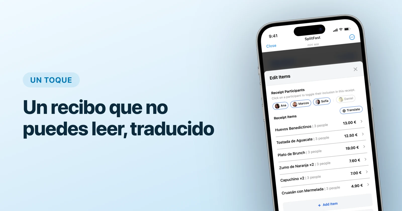 Artículos de un recibo en español en la Mini App de SplitFast en Telegram, con el botón Traducir