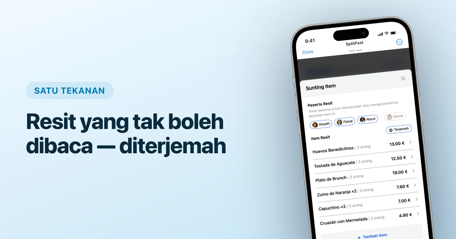 Item resit bahasa Sepanyol dalam Mini App SplitFast dengan butang Terjemah