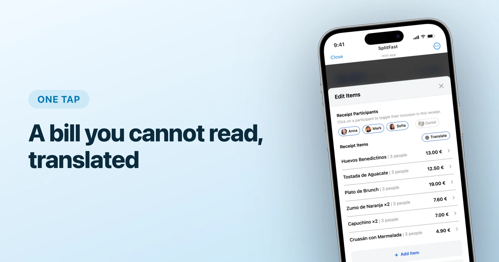 Translate button turning foreign receipt items into the group language