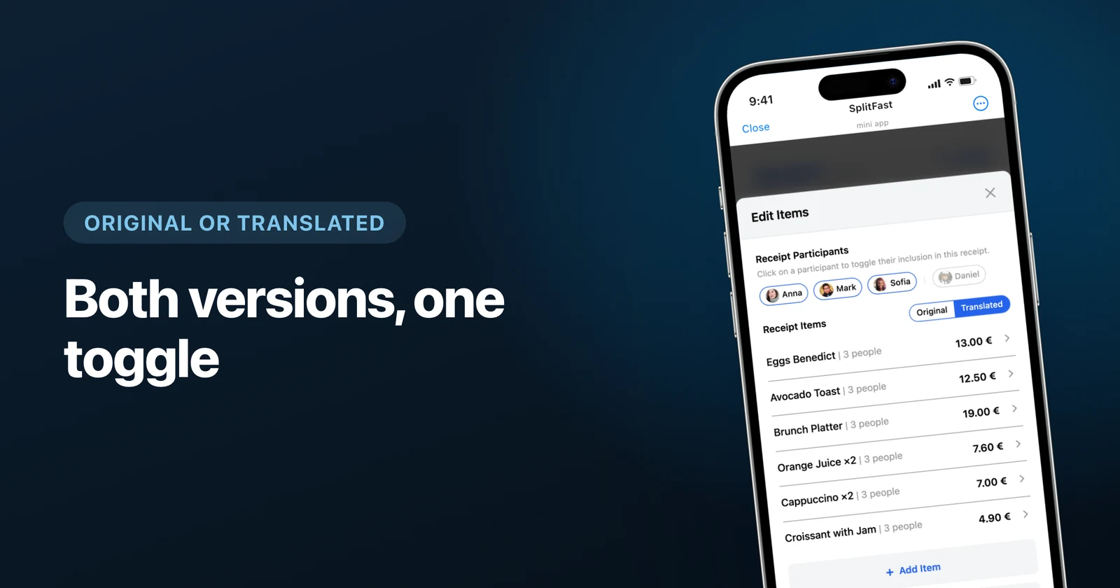 Receipt items translated into the group language, with the original/translated toggle